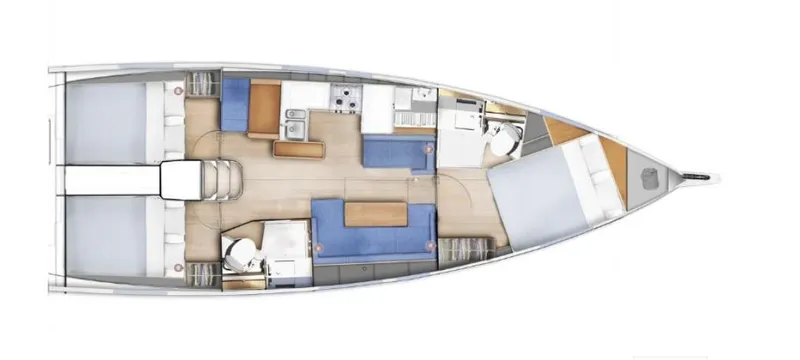  Yacht Photos Pics Floor plan of 2020 Jeanneau Sun Odyssey 410 sailboat, featuring cabins and living areas.