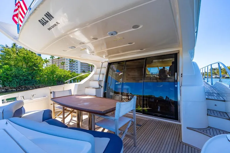 All In Yacht Photos Pics Luxurious 2010 Azimut 62 Evolution Fly yacht with spacious outdoor seating and dining area.