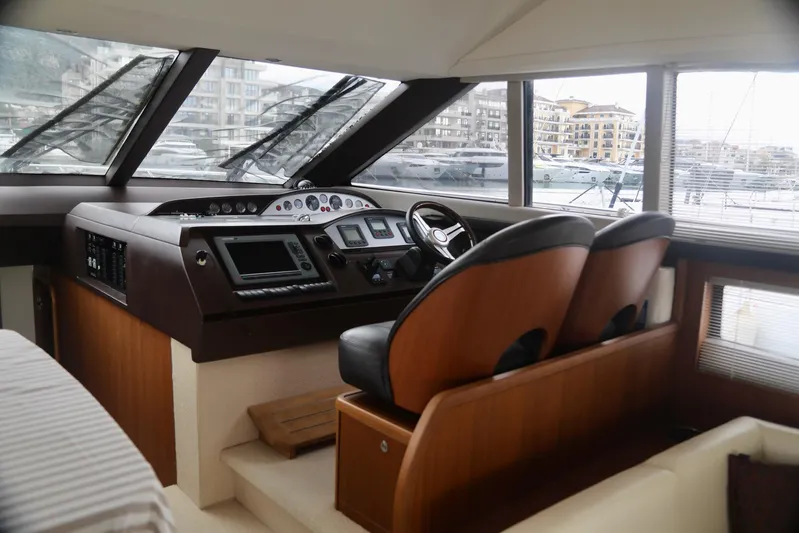  Yacht Photos Pics Interior view of 2011 Princess 54 yacht cockpit with modern controls and seating.