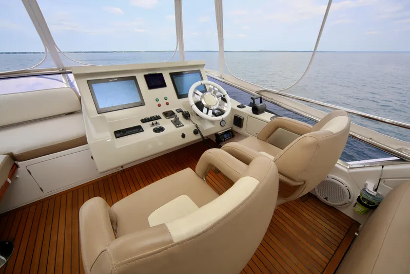Kiki Yacht Photos Pics Helm of 2016 Azimut 66 yacht with modern controls and ocean view.
