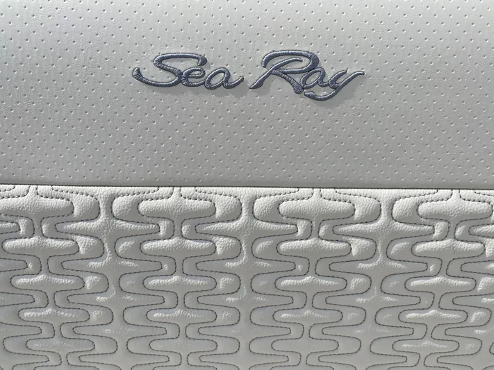 Aquaholic Yacht Photos Pics Luxurious 2023 Sea Ray SLX 400 boat upholstery with elegant stitching and logo.