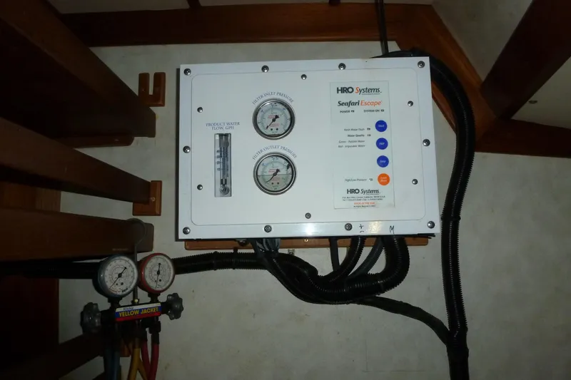 Cookie Monster Too Yacht Photos Pics Control panel of HRO Systems Seafari Escape on 1982 Tayana Center Cockpit Cutter Ketch.