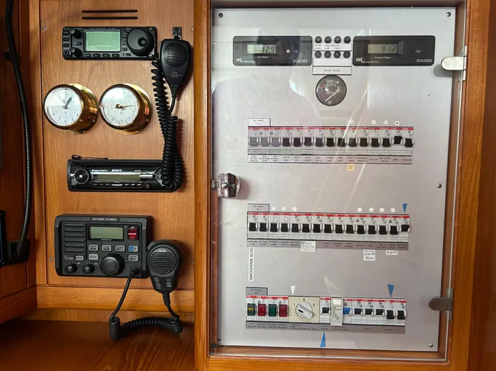 Kells Yacht Photos Pics Control panel of a 1996 Nautor Swan 44 Mk II yacht, featuring gauges and communication devices.