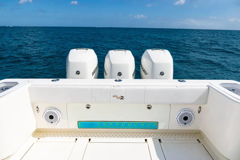  Yacht Photos Pics 2018 SeaVee 370Z boat with triple Mercury engines on open ocean.