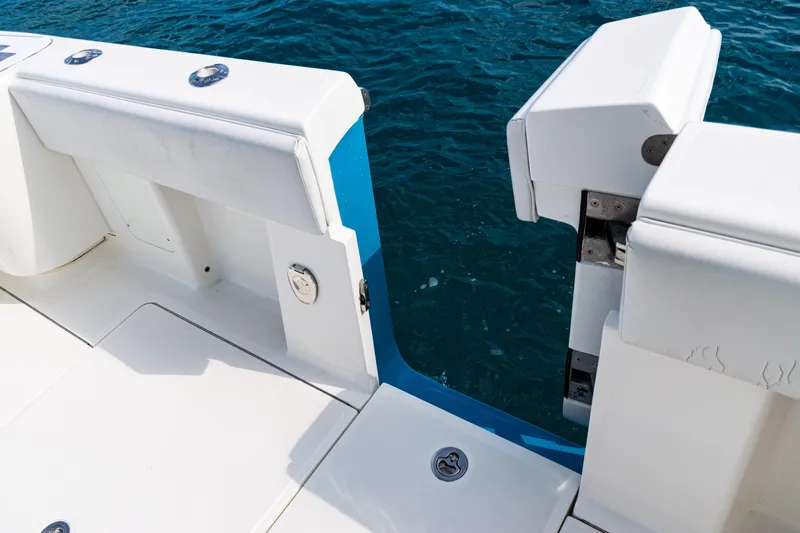  Yacht Photos Pics 2018 SeaVee 370Z boat with open transom door, showing ocean view.