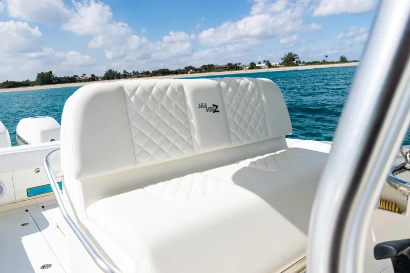  Yacht Photos Pics 2018 SeaVee 370Z boat with white seating, ocean view, and clear sky.