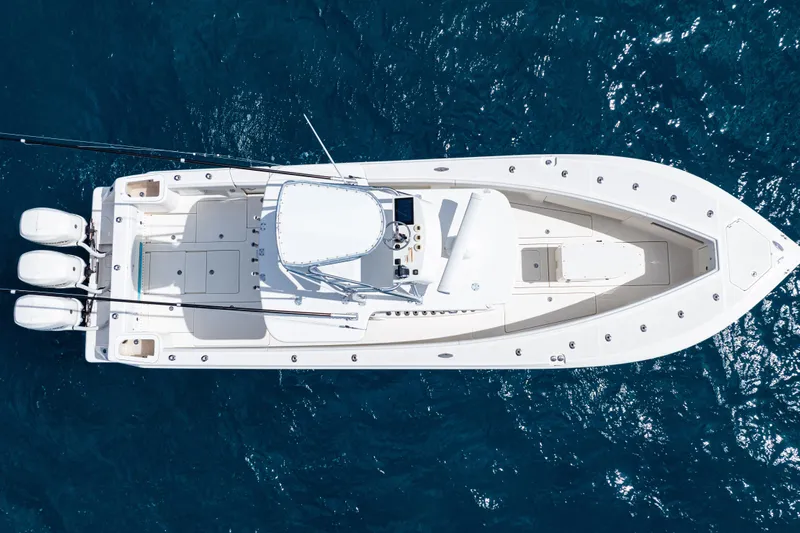  Yacht Photos Pics Overhead view of 2018 SeaVee 370Z boat on blue ocean water.