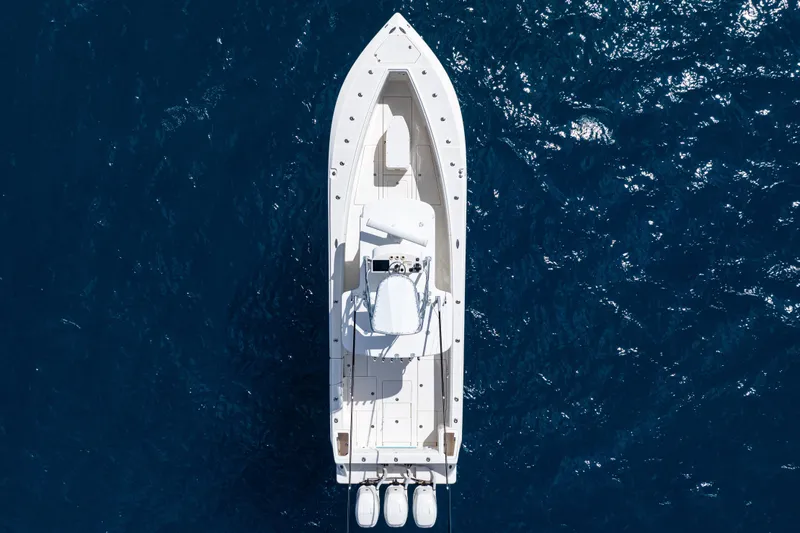  Yacht Photos Pics Overhead view of 2018 SeaVee 370Z boat on deep blue ocean water.