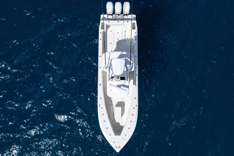  Yacht Photos Pics Overhead view of 2018 SeaVee 370Z boat on deep blue ocean water.