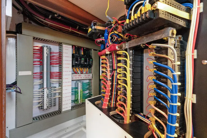 Clarity Yacht Photos Pics Electrical panel with colorful wiring in a 2009 Hylas 54 yacht.