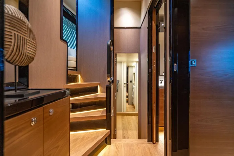 Kingship Yacht Photos Pics Luxurious interior of 2023 Absolute 64 Navetta yacht with modern wooden staircase.