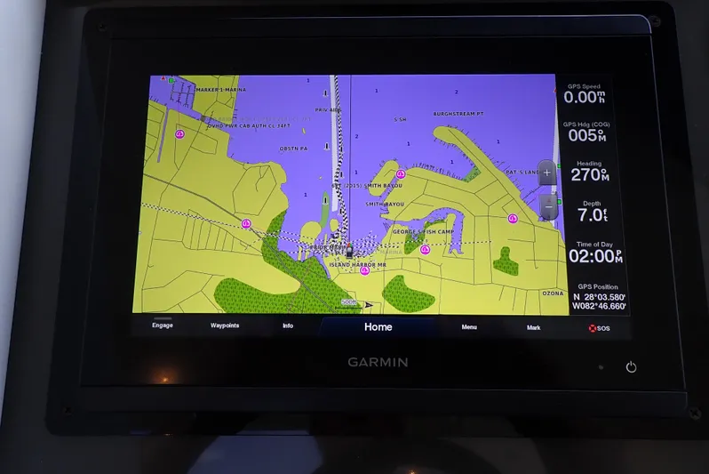  Yacht Photos Pics Garmin navigation display on 2019 Carver C37 Coupe, showing detailed marine map.