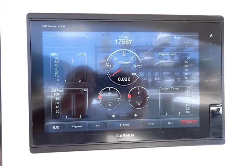  Yacht Photos Pics Garmin display showing engine metrics on 2019 Carver C37 Coupe dashboard.