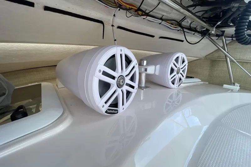 Motivated Yacht Photos Pics Speakers installed on a 2022 Cutwater C-32 CB boat, showcasing marine audio setup.