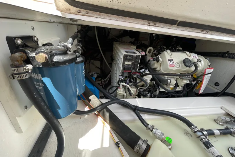Motivated Yacht Photos Pics Engine compartment of 2022 Cutwater C-32 CB boat with Yamaha components and wiring.