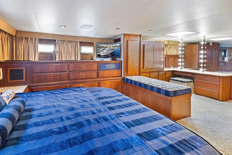 Airwaves Yacht Photos Pics Luxurious interior of 1987 Hatteras 68 Cockpit Motor Yacht with elegant wood finishes.