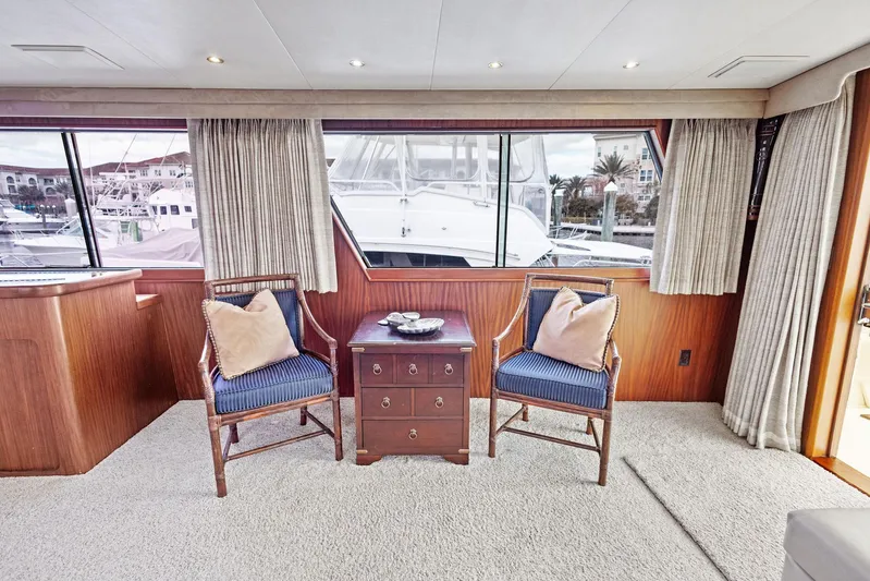 Airwaves Yacht Photos Pics Interior of 1987 Hatteras 68 Cockpit Motor Yacht with chairs and window view.
