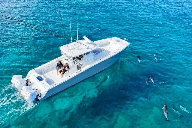  Yacht Photos Pics Freeman 37 VH boat cruising with dolphins in clear blue ocean, 2022 model.