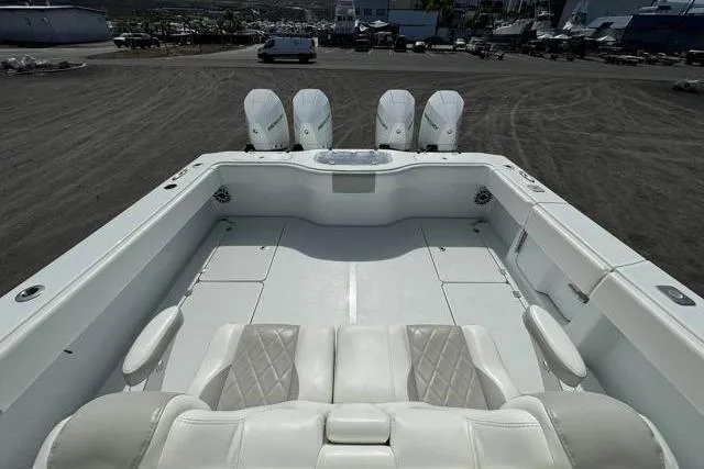  Yacht Photos Pics 2022 Freeman 37 VH boat with spacious deck and four outboard engines.