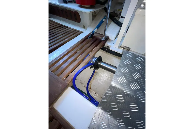 Peponi II Yacht Photos Pics Engine room of 2008 Grand Banks 47 Heritage EU with visible shaft and piping.