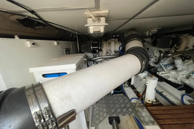 Peponi II Yacht Photos Pics Engine room of 2008 Grand Banks 47 Heritage EU yacht, showcasing mechanical components.