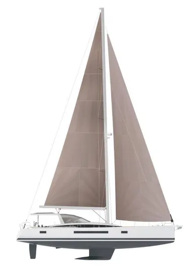  Yacht Photos Pics 2023 Jeanneau 65 Yacht with sleek design and large sails, side view.