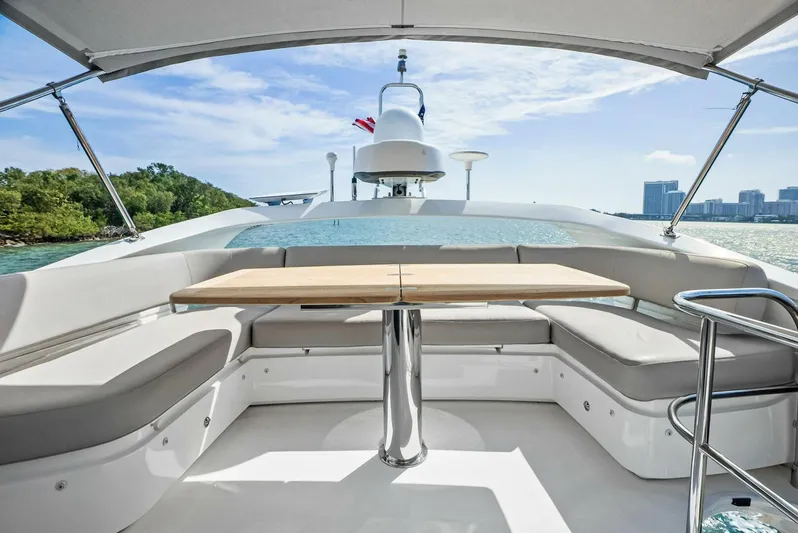 Zefa Yacht Photos Pics 2019 Princess 43 Flybridge yacht with spacious seating and table, overlooking scenic waterfront.