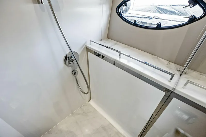 Zefa Yacht Photos Pics Luxurious bathroom in 2019 Princess 43 Flybridge yacht with modern shower design.