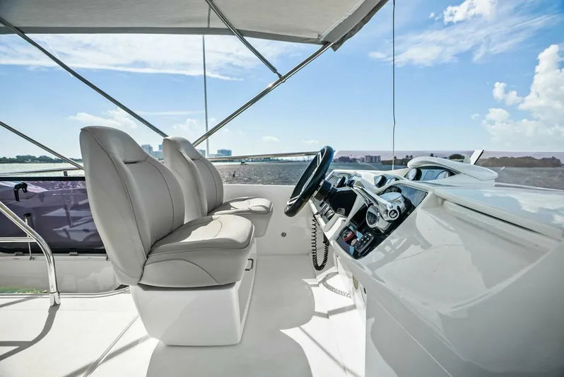 Zefa Yacht Photos Pics Flybridge helm of 2019 Princess 43 yacht with dual seats and modern controls.