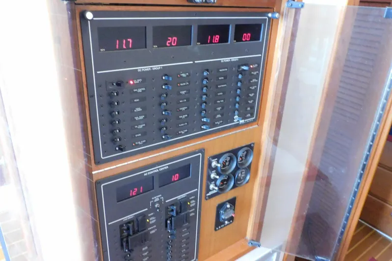 Mishap Yacht Photos Pics Electrical control panel on a 1999 Cabo 35 Flybridge Sportfisher boat.