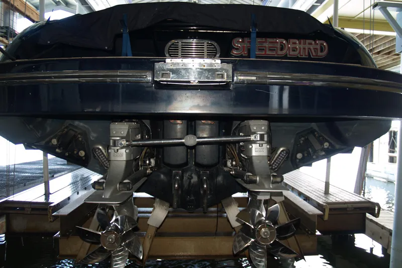 Speedbird Yacht Photos Pics Rear view of 2012 Hunton XRS 43 boat named "Speedbird" in dock.