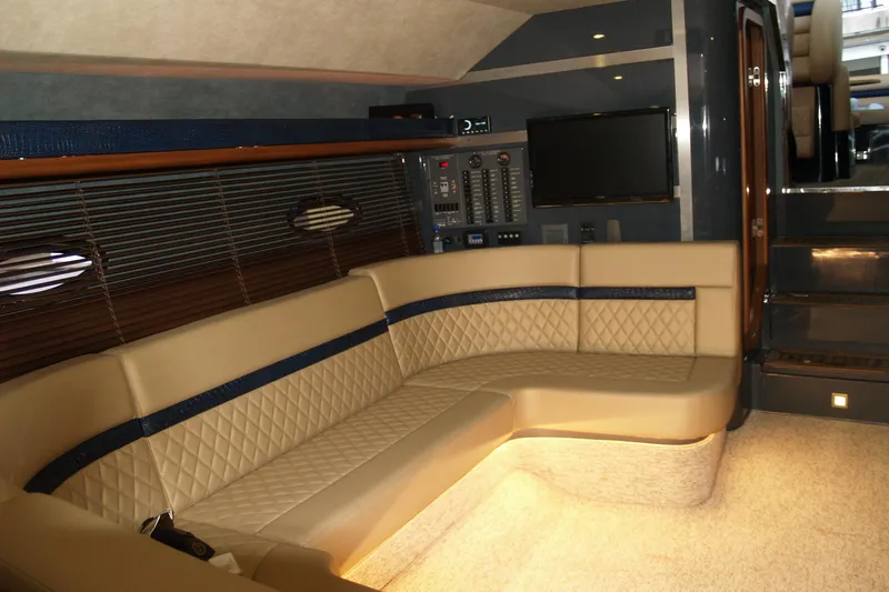 Speedbird Yacht Photos Pics Luxurious interior of 2012 Hunton XRS 43 yacht with plush seating and modern amenities.