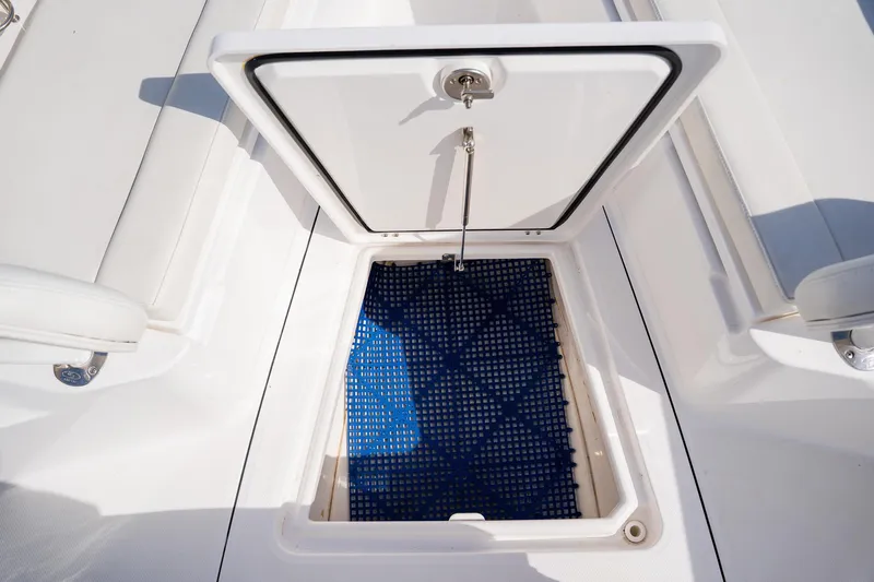  Yacht Photos Pics Open storage compartment on 2021 Everglades 273 Center Console boat.
