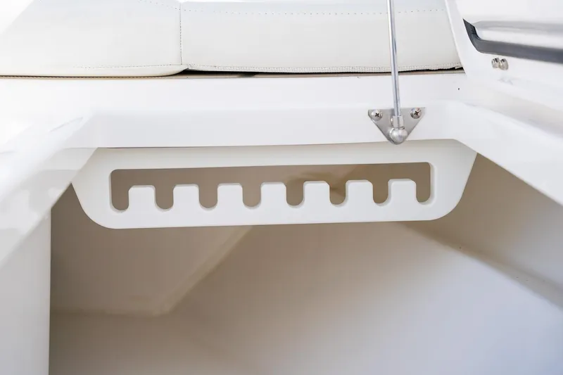  Yacht Photos Pics Rod holder on 2021 Everglades 273 Center Console boat, featuring sleek white design.