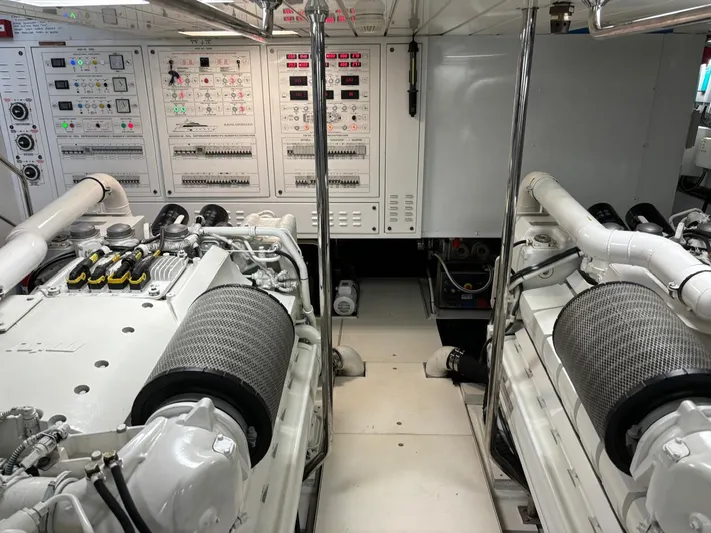 Lady Ab Yacht Photos Pics Engine room of 2013 Sanlorenzo SL94 yacht with control panels and machinery.