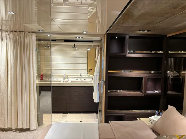 Lady Ab Yacht Photos Pics Luxurious interior of 2013 Sanlorenzo SL94 yacht featuring elegant bedroom and modern bathroom.