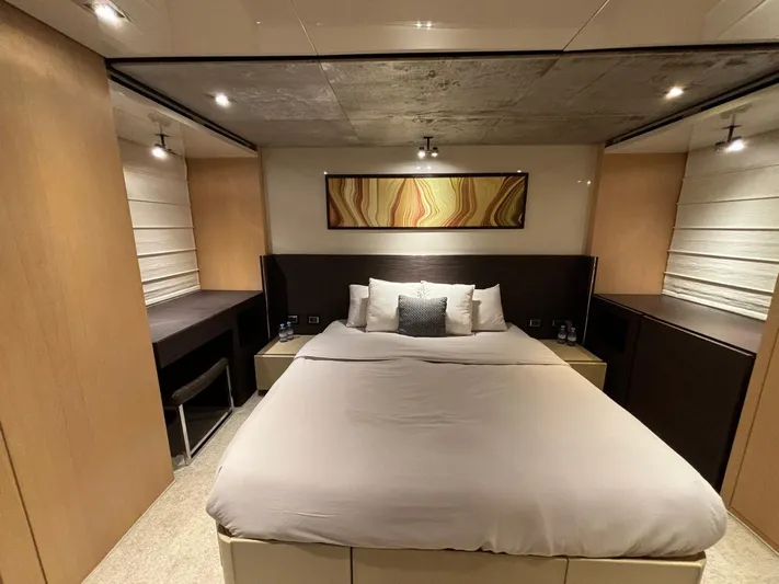 Lady Ab Yacht Photos Pics Luxurious bedroom interior of 2013 Sanlorenzo SL94 yacht with modern decor and ambient lighting.