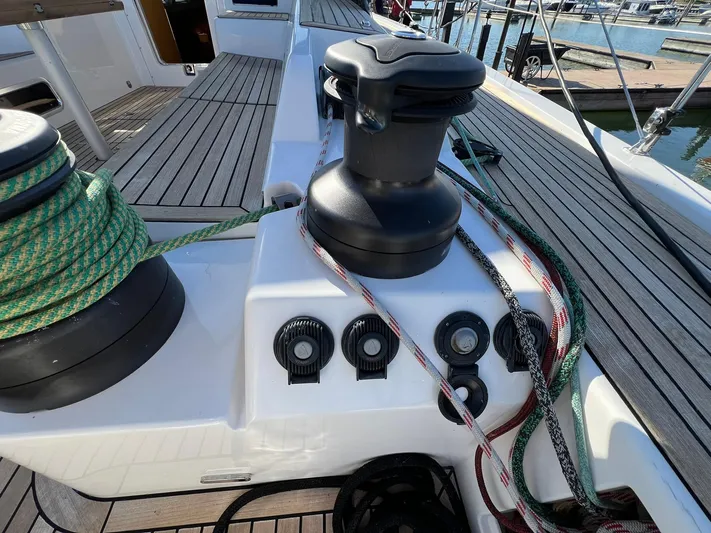Xaca Yacht Photos Pics Deck view of 2015 X-Yachts Xp 55 sailboat with winches and ropes.