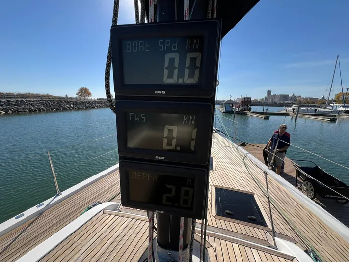 Xaca Yacht Photos Pics Display panel on 2015 X-Yachts Xp 55 sailboat, showing speed, wind, and depth readings.