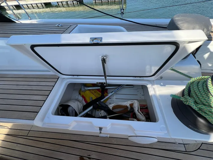 Xaca Yacht Photos Pics Open storage compartment on 2015 X-Yachts Xp 55 sailboat deck.