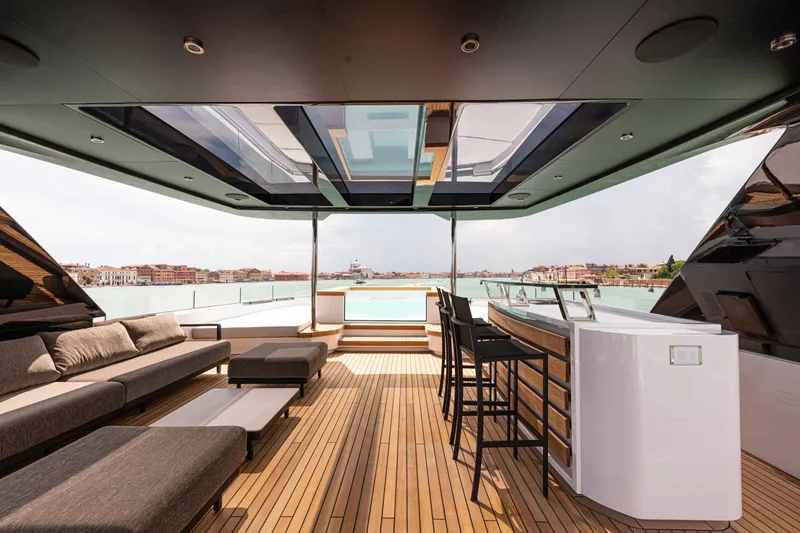 Ducale 120 Yacht Photos Pics Luxurious Ocean King Ducale 120 yacht deck with seating and bar, 2027 model.