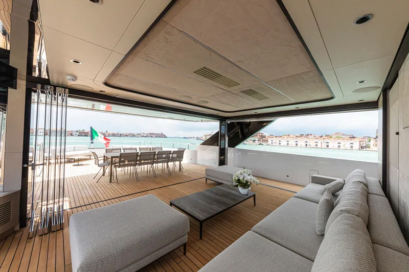 Ducale 120 Yacht Photos Pics Luxurious Ocean King Ducale 120 yacht interior with elegant seating and dining area, 2027 model.