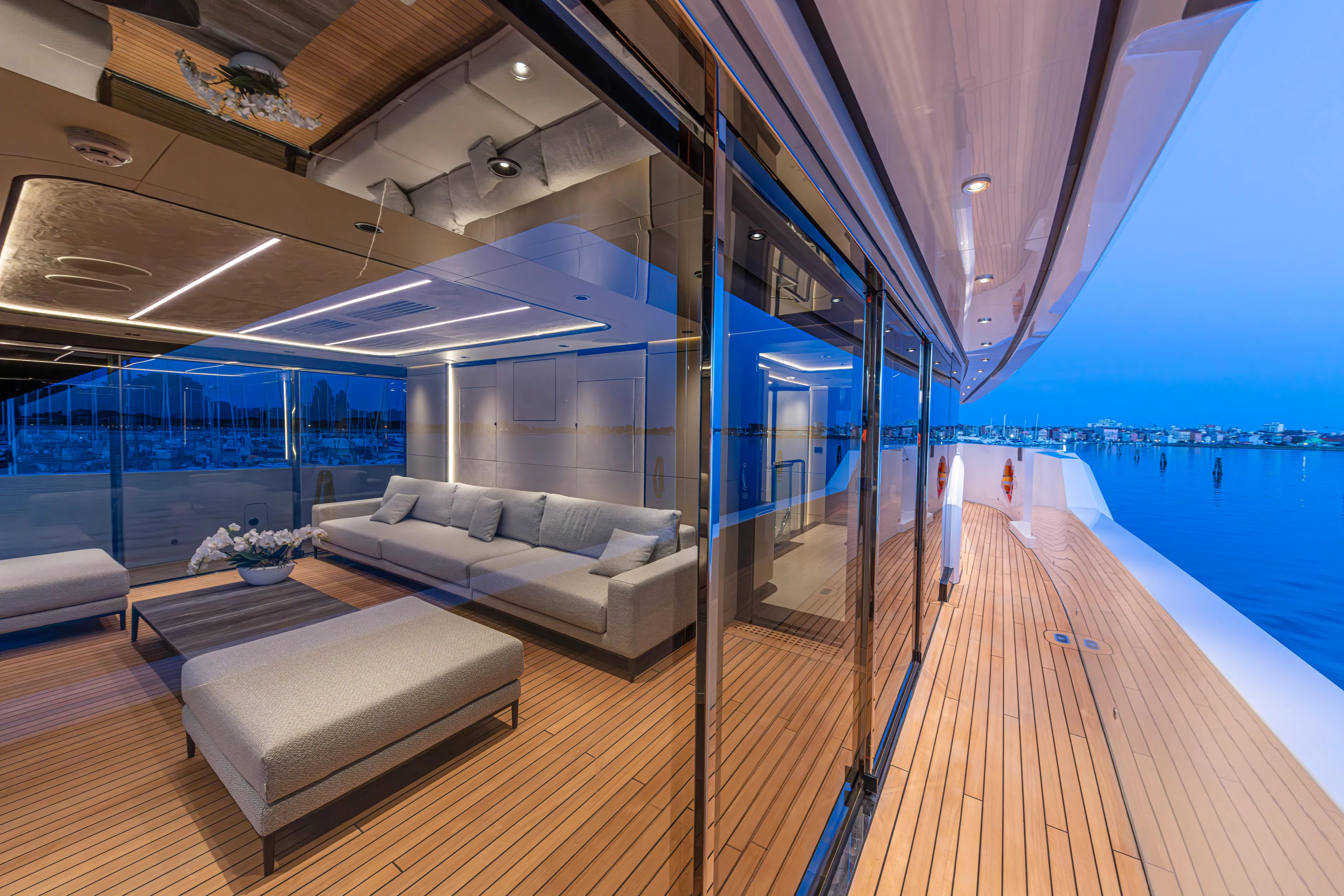 Ducale 120 Yacht Photos Pics Luxurious Ocean King Ducale 120 yacht interior, 2027 model, featuring elegant seating and sleek design.