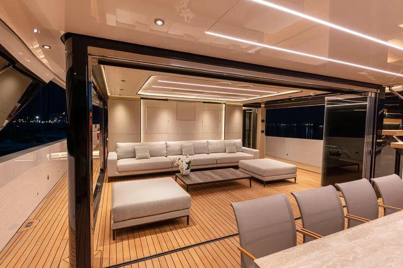 Ducale 120 Yacht Photos Pics Luxurious Ocean King Ducale 120 yacht interior, featuring elegant seating and modern lighting, 2027 model.
