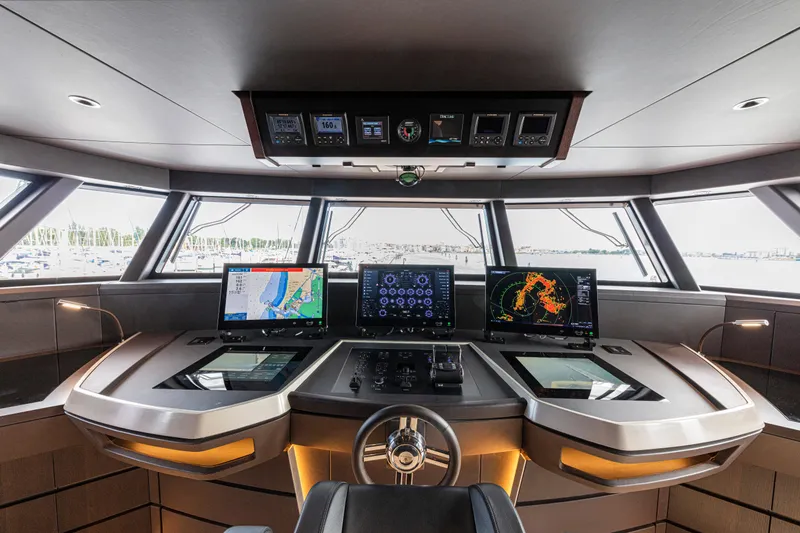 Ducale 120 Yacht Photos Pics Modern helm of Ocean King Ducale 120 yacht, 2027 model, featuring advanced navigation systems.