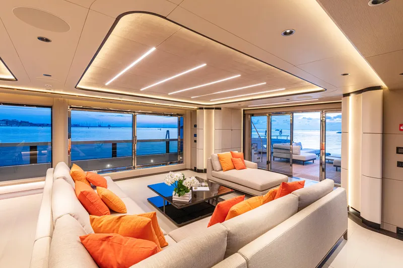 Ducale 120 Yacht Photos Pics Luxurious Ocean King Ducale 120 yacht interior, 2027 model, with elegant seating and ocean views.