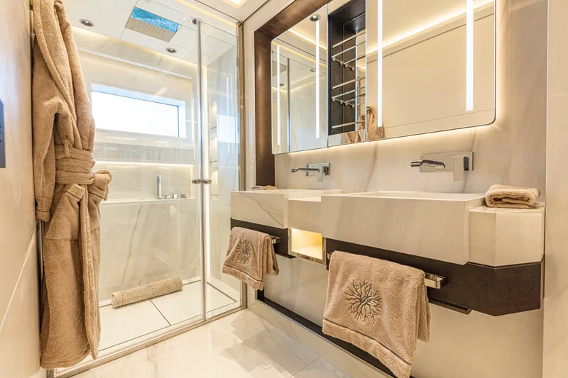 Ducale 120 Yacht Photos Pics Luxurious bathroom in Ocean King Ducale 120 yacht, featuring modern fixtures and elegant design, 2027 model.