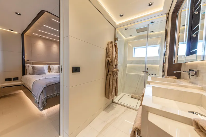 Ducale 120 Yacht Photos Pics Luxurious Ocean King Ducale 120 yacht interior with modern bedroom and bathroom, 2027 model.