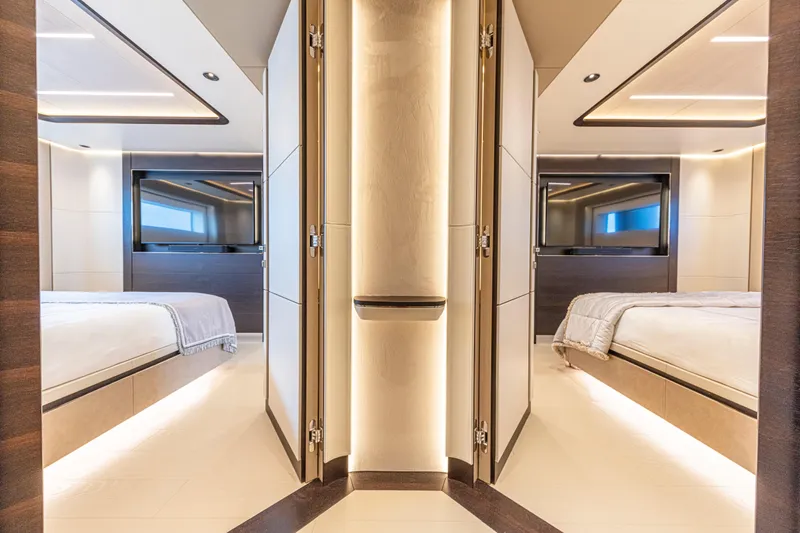 Ducale 120 Yacht Photos Pics Luxurious interior of Ocean King Ducale 120 yacht, featuring modern design and ambient lighting, 2027 model.