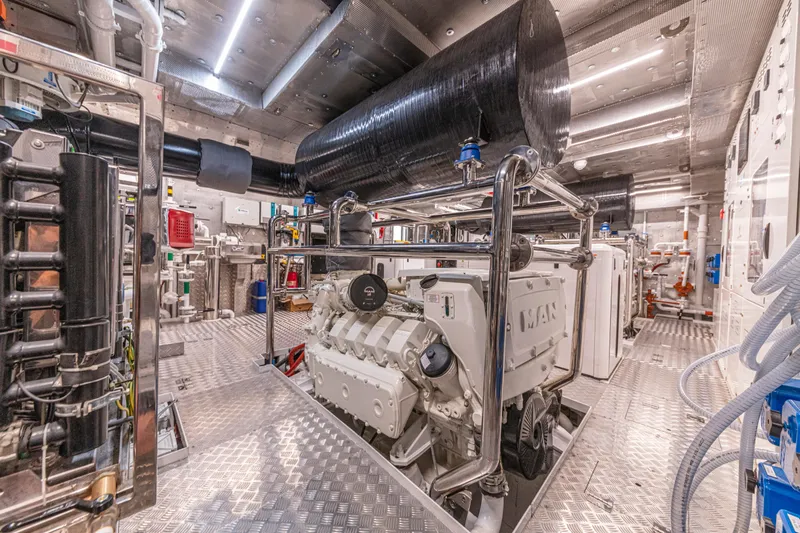 Ducale 120 Yacht Photos Pics Engine room of Ocean King Ducale 120 yacht, 2027 model, featuring advanced machinery and equipment.